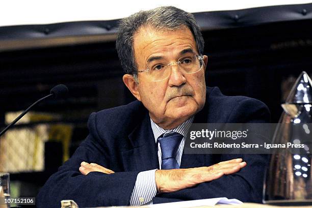 Former prime minister Romano Prodi attends the presentation of the book "La Malattia dell'Occidente" at Stabat Mater Hall of Archiginnasio on...