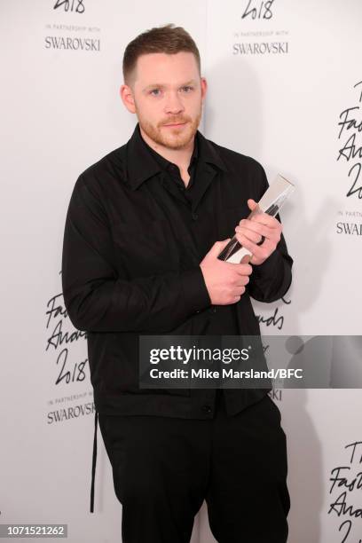 Craig Green winner of British Designer of the Year Menswear award in the winners room during The Fashion Awards 2018 In Partnership With Swarovski at...