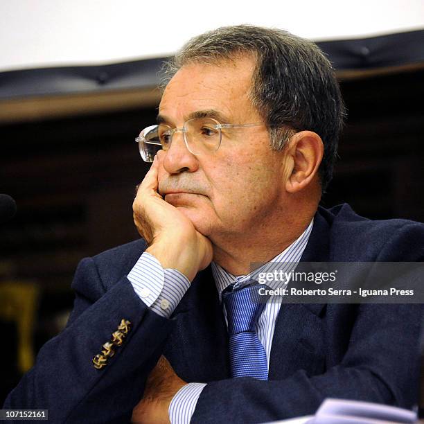 Former prime minister Romano Prodi attends the presentation of the book "La Malattia dell'Occidente" at Stabat Mater Hall of Archiginnasio on...