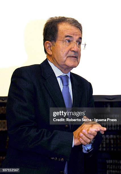 Former prime minister Romano Prodi attends the presentation of the book "La Malattia dell'Occidente" at Stabat Mater Hall of Archiginnasio on...