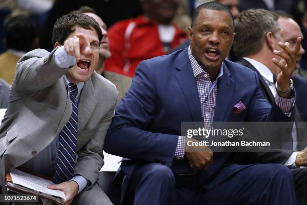 Head coach Alvin Gentry of the New Orleans Pelicans and assistant head coach Darren Erman react during a game at the Smoothie King Center on November...