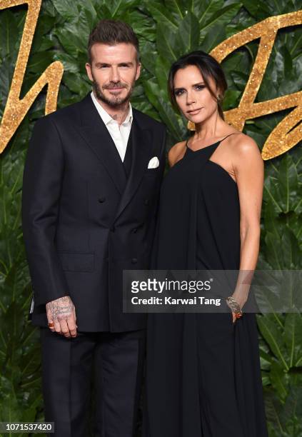 David Beckham and Victoria Beckham arrive at The Fashion Awards 2018 In Partnership With Swarovski at Royal Albert Hall on December 10, 2018 in...