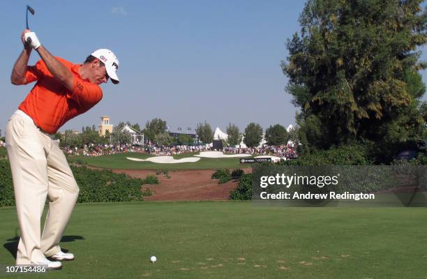 Lee Westwood of England hits his tee-shot on the 13th hole during the second round of the Dubai World Championship on the Earth Course, Jumeirah Golf...