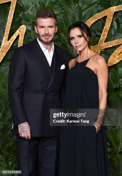 David Beckham and Victoria Beckham arrive at The Fashion Awards 2018 In Partnership With Swarovski at Royal Albert Hall on December 10, 2018 in...