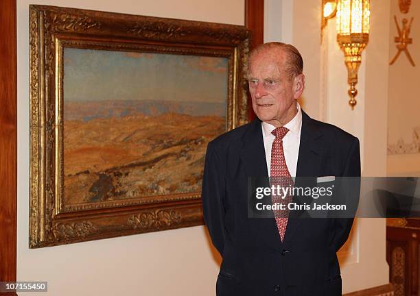 Prince Philip, Duke of Edinburgh attends a Tate Gallery event at Al-Alam Palace on November 26, 2010 in Muscat, Oman. Queen Elizabeth II and Prince...