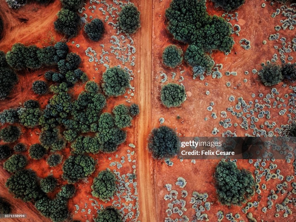 An Aerial shot of the red centre roads in the Australian Outback