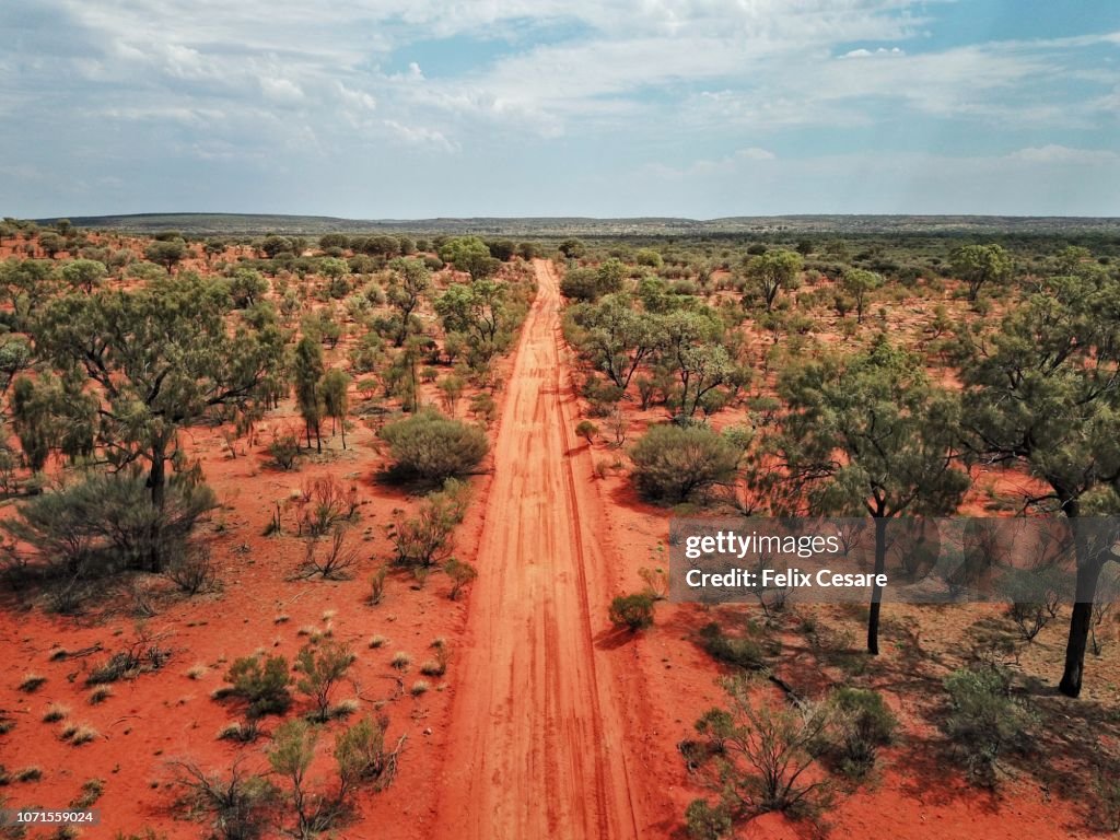 An Aerial shot of the red centre roads in the Australian Outback