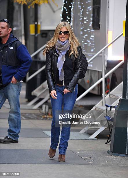 Jennifer Aniston is seen on location for "Wanderlust" on the streets of Manhattan on November 20, 2010 in New York City.