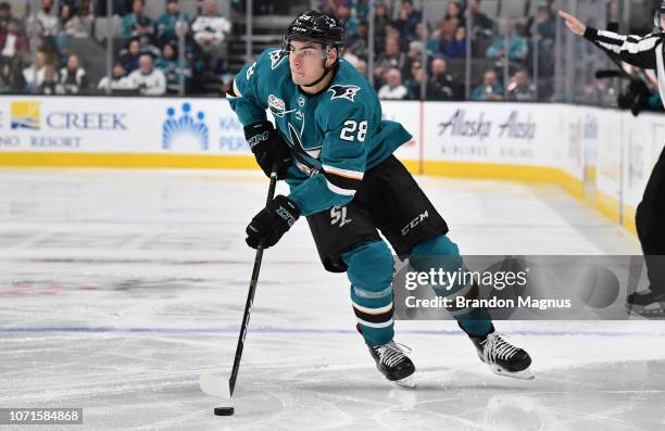 Timo Meier of the San Jose Sharks looks to make a play against the New Jersey Devils at SAP Center on December 10, 2018 in San Jose, California