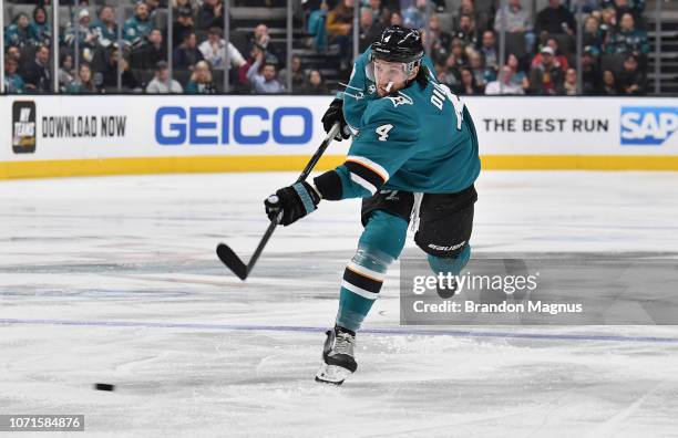 Brenden Dillon of the San Jose Sharks takes a shot on goal against the New Jersey Devils at SAP Center on December 10, 2018 in San Jose, California