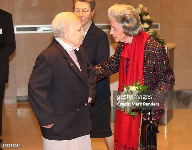 Sister Leontine and Queen Fabiola of Belgium attends a tribute to Sister Leontine at Clinique Saint-Jean on November 26, 2010 in Brussels, Belgium.