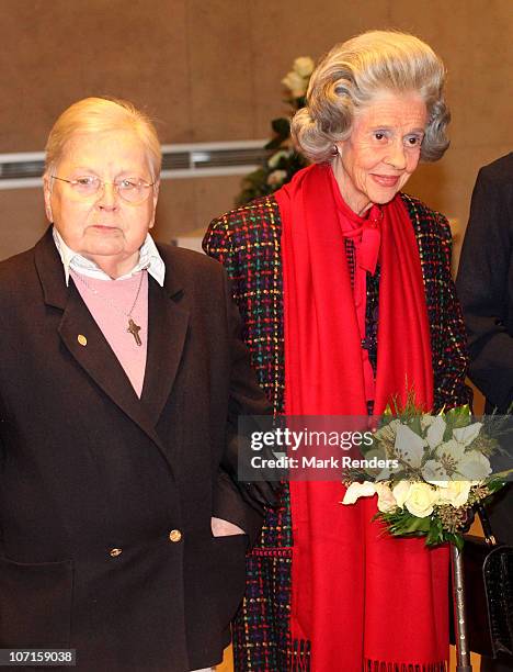 Sister Leontine and Queen Fabiola of Belgium attends a tribute to Sister Leontine at Clinique Saint-Jean on November 26, 2010 in Brussels, Belgium.