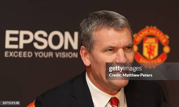 Chief Executive David Gill of Manchester United speaks at a press conference to announce Epson as new club partner on November 26, 2010 in...