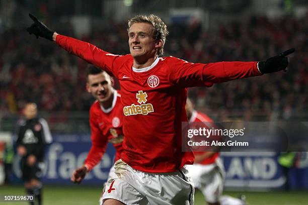 Andre Schuerrle of Mainz celebrates his team's first goal during the Bundesliga match between FSV Mainz 05 and 1. FC Nuernberg at Bruchweg Stadium on...