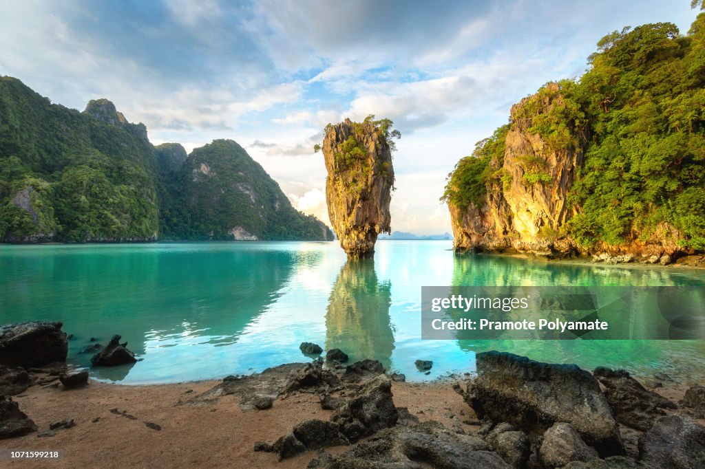 James Bond island, Phuket Thailand nature. Asia travel photography of James Bond island in Phang Nga bay. Thai scenic exotic landscape of tourist destination famous place.