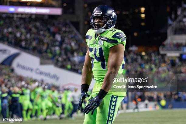 Seattle Seahawks linebacker Bobby Wagner reacts after a defensive fourth down stop on the goal line in the second half during a game between the...