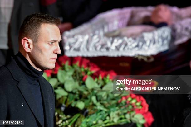 Russian opposition leader Alexei Navalny pays his last respects to Lyudmila Alexeyeva, a Soviet-era dissident who became a symbol of resistance in...