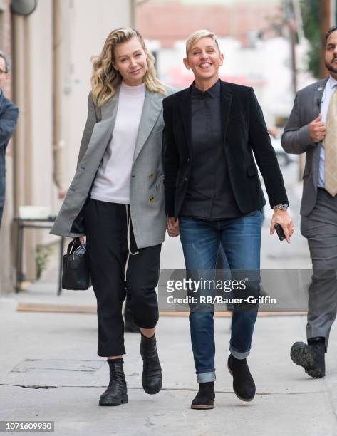 Portia de Rossi and Ellen DeGeneres are seen at 'Jimmy Kimmel Live' on December 10, 2018 in Los Angeles, California.