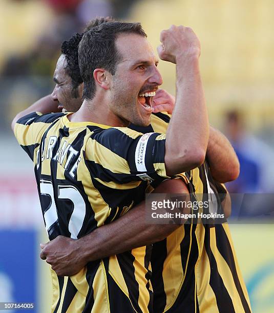 Andrew Durante and Paul Ifill of the Phoenix celebrate a goal during the round 16 A-League match between the Wellington Phoenix and the Melbourne...