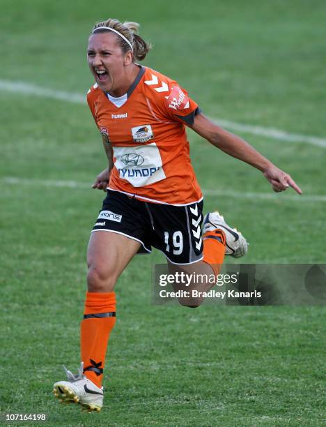 Lisa De Vanna of the Roar celebrates after scoring a goal to win the match in the final seconds of injury time during the round four W-League match...