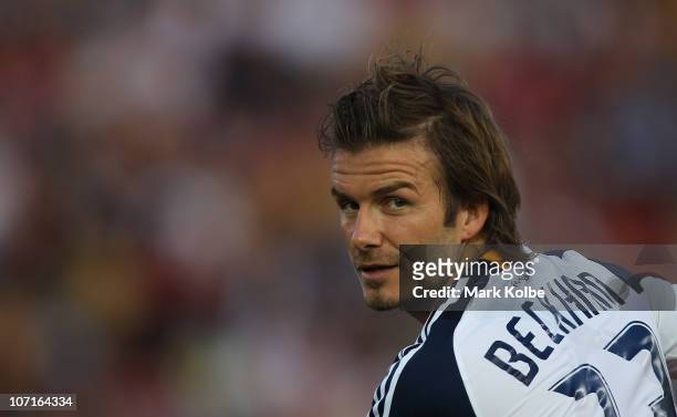David Beckham of the Galaxy looks over his shoulder during the friendly match between the Newcastle Jets and the LA Galaxy at EnergyAustralia Stadium...