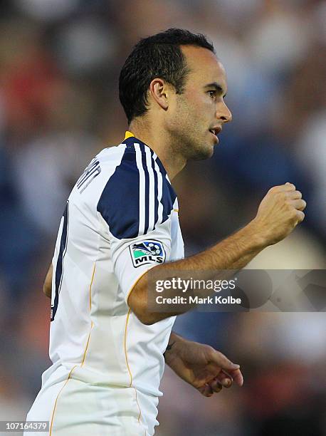 Landon Donovan of the Galaxy celebrates after he scored a goal during the friendly match between the Newcastle Jets and the LA Galaxy at...