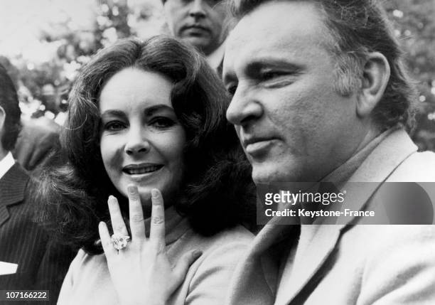 Film star Liz Taylor showing ring worth 127 thousand pounds that she offered Richard Burton on May 20, 1968.