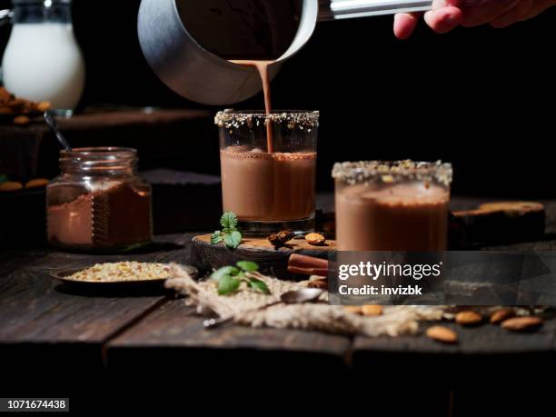 cocoa with almond milk - hot chocolate stock pictures, royalty-free photos & images