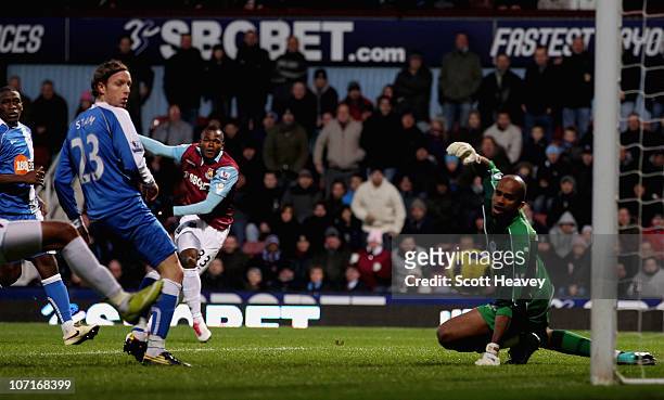 Victor Obinna of West Ham scores their second goal during the Barclays Premier League match between West Ham United and Wigan Athletic at Boleyn...