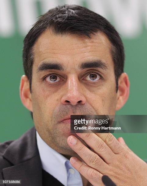 Head coach Robin Dutt of Freiburg reacts after the Bundesliga match between Hannover 96 and SC Freiburg at AWD Arena on November 27, 2010 in Hanover,...