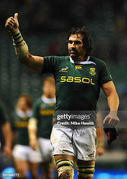Victor Matfield of South Africa celebrates victory after the Investec Challenge match between England and South Africa at Twickenham Stadium on...