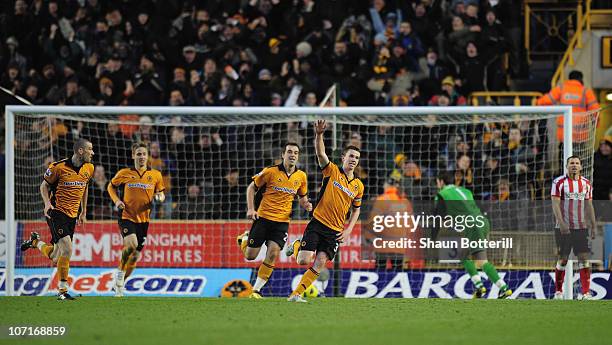 Kevin Foley of Wolverhampton Wanderers celebrates after scoring during the Barclays Premier League match between Wolverhampton Wanderers and...