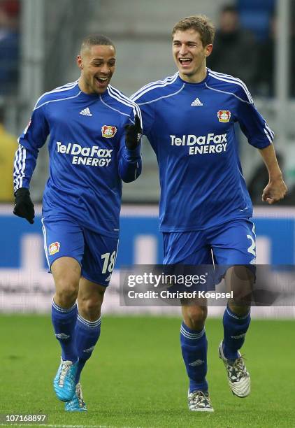 Sidney Sam of Leverkusen celebrates the first goal with Daniel Schwaab of Leverkusen during the Bundesliga match between 1899 Hoffenheim and Bayer...