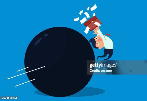 huge iron ball crashed into the businessman - serious injury stock illustrations