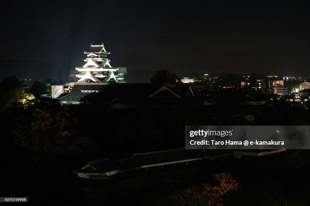 Illuminated Kumamoto Castle in Kumamoto city in Japan