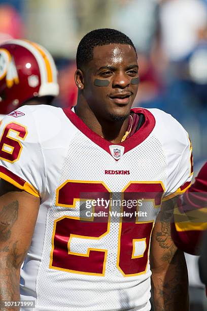 Clinton Portis of the Washington Redskins warms up before a game against the Tennessee Titans at LP Field on November 21, 2010 in Nashville,...