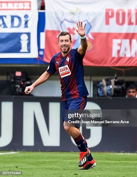 Sergi Enrich of SD Eibar celebrates after scoring his team's second goal during the La Liga match between SD Eibar and Real Madrid CF at Ipurua...