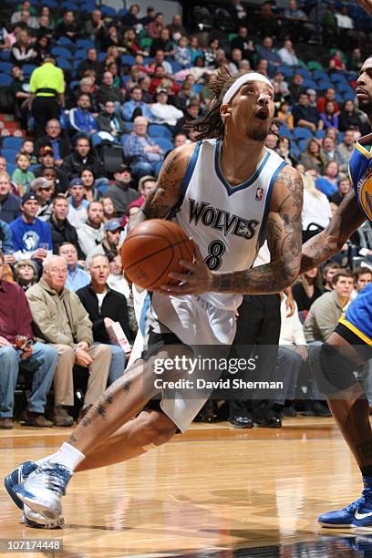 Michael Beasley of the Minnesota Timberwolves drives to the baskey against the Golden State Warriors during the game on November 27, 2010 at Target...