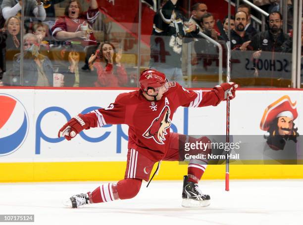 Keith Yandle of the Phoenix Coyotes celebrates after scoring against the Anaheim Ducks on November 27, 2010 at Jobing.com Arena in Glendale, Arizona.