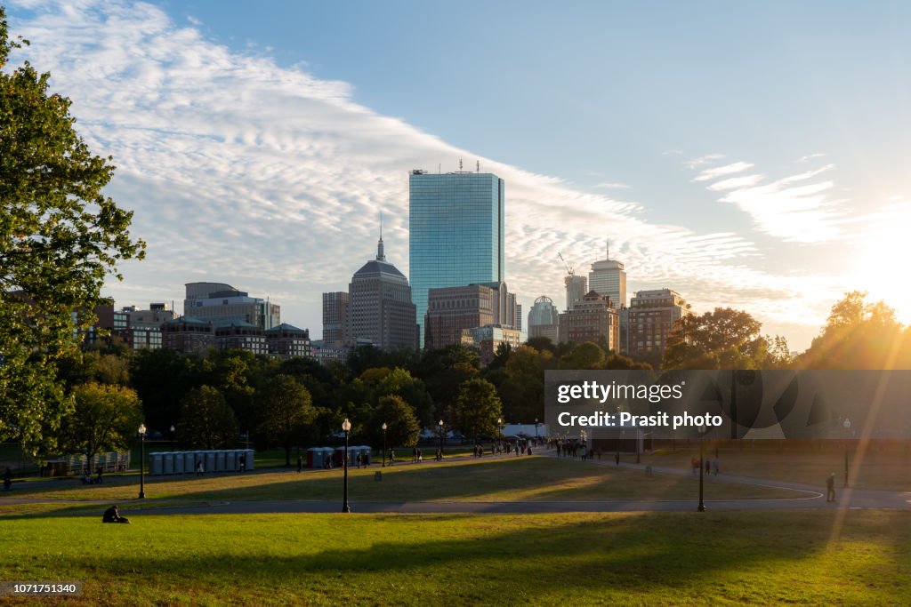 Boston Back Bay Skyline at Sunset from the Boston Common Hill in Massachusetts, USA.