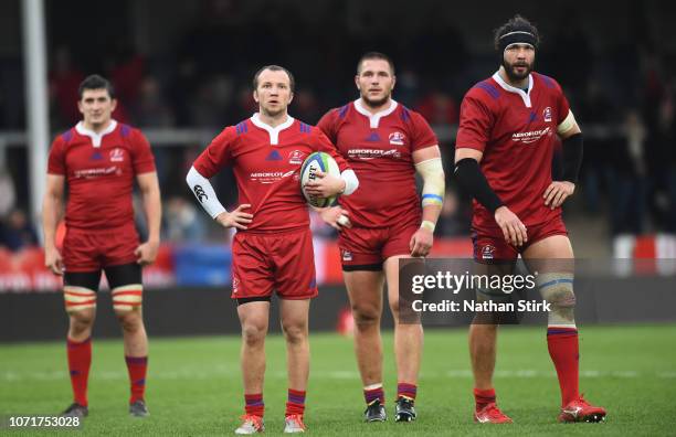 Timothy Lafaele of Japan looks on with his team mates during the International Friendly match between Russia and Japan at Kingsholm Stadium on...