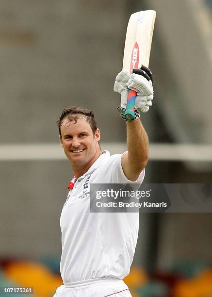 Andrew Strauss of England celebrates after scoring a century during day four of the First Ashes Test match between Australia and England at The Gabba...