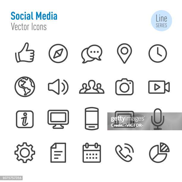 ilustraciones, imágenes clip art, dibujos animados e iconos de stock de los medios de comunicación social iconos - vector línea serie - maquina fotografica