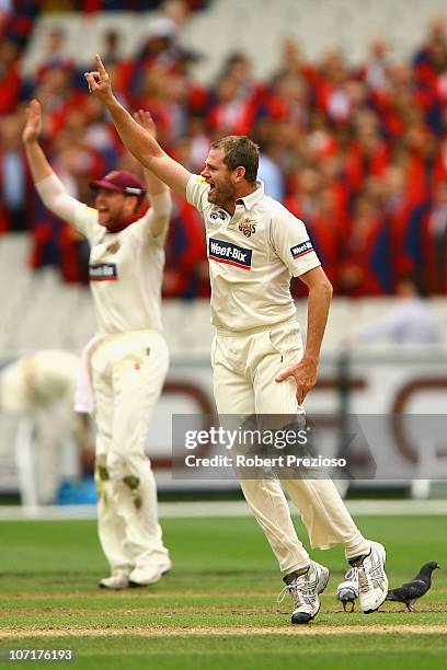 Chris Swan of the Bulls apeals for a wicket during day three of the Sheffield Shield match between the Victorian Bushrangers and the Queensland Bulls...