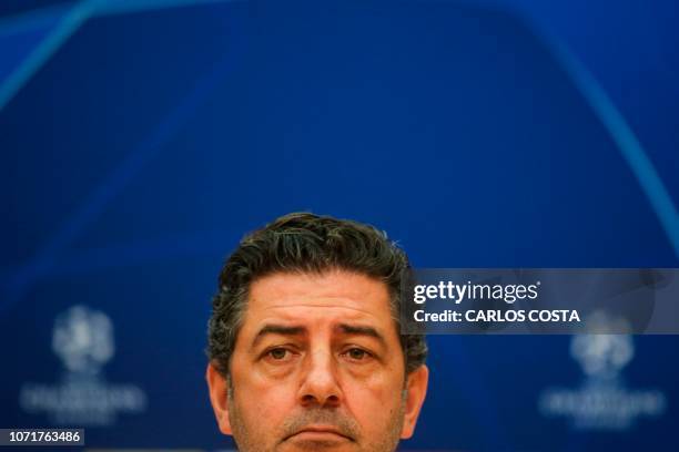 Benfica's Portuguese coach Rui Vitoria gives a press conference at the club's training ground in Seixal in the outskirts of Lisbon on December 11 on...