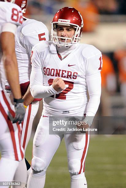 Stillwater, OKPlace kicker Jimmy Stevens of the Oklahoma Sooners revs his fist after making his third field goal against the Oklahoma State Cowboys...