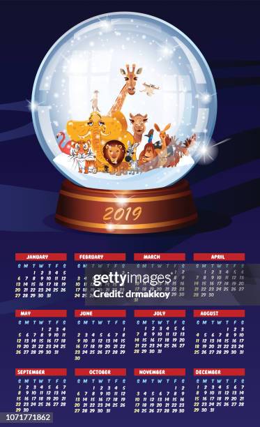 animals calendar and snow globe - meerkat vector stock illustrations