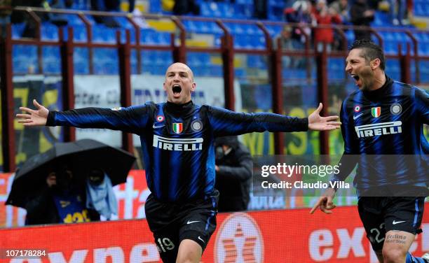 Esteban Cambiasso and Marco Materazzi of FC Internazionale Milano celebrates scoring the third goal during the Serie A match between Inter and Parma...