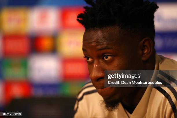 Andre Onana of Ajax looks on during a press conference ahead of their UEFA Champions League Group E match against FC Bayern Muenchen at Johan Cruyff...