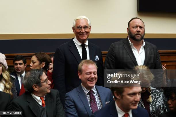 Longtime informal adviser to President Trump Roger Stone and Alex Jones of Infowars attend the hearing of Google CEO Sundar Pichai testifying before...